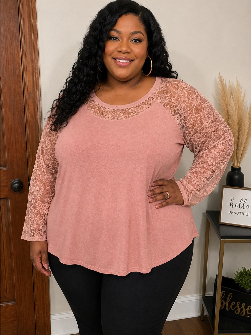 Emerald Dusty Pink Lace Raglan Top